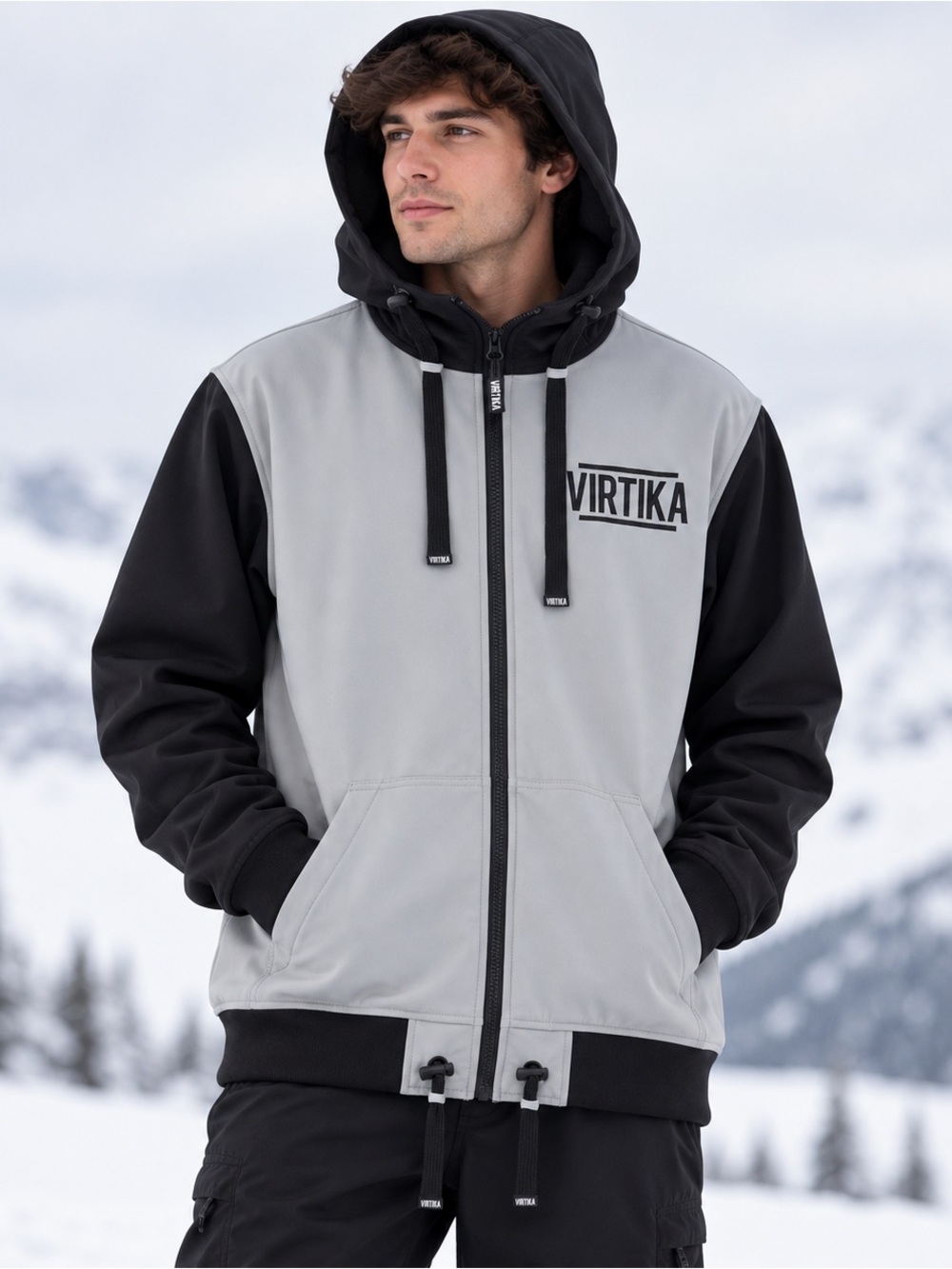 Virtika Soft Shell Hoodie Ski Snowboard Jacket Gray Black Men’s L